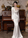 Vintage Mermaid High Neckline Long Sleeves Satin Lace Long White Wedding Dresses HZ1024