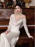 Vintage Mermaid High Neckline Long Sleeves Satin Lace Long White Wedding Dresses HZ1024
