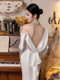 Vintage Mermaid High Neckline Long Sleeves Satin Lace Long White Wedding Dresses HZ1024