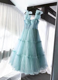 Light Blue Tulle Straps Long Party Dress Prom Dress Birthday Outfits HZ1024