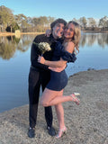Obessed Navy Mermaid Off The Shoulder Satin Sequin Short Homecoming Dress 21th Birthday Outfits HZ1024