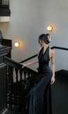 Sexy Mermaid Black Halter Satin Long Prom Dress, Evening Dress HZ1024