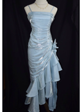 Vintage High Low Straps Ruffles Light Sky Blue Prom Dresses HZ1024