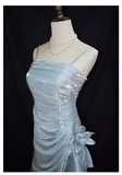 Vintage High Low Straps Ruffles Light Sky Blue Prom Dresses HZ1024