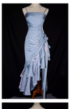 Vintage High Low Straps Ruffles Long Blue Prom Dresses HZ1024