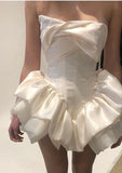 Cute Ball Gown Strapless White Satin Short Homecoming Dress 19th Birthday Outfits HZ1024