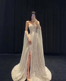 Modest A line Strapless Sequin Slit Long Prom Dress HZ1024