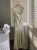 Sexy Mermaid Straps Sage Green Silk Satin Long Prom Dresses HZ1024