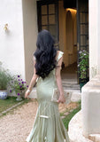 Sexy Mermaid Straps Sage Green Silk Satin Long Prom Dresses HZ1024