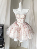 Vintage Pink Rose Print Strapless Homecoming Dress 19th Birthday Outfits HZ1024