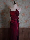 Vintage A Line Spaghetti Straps Burgundy Long Prom Dresses HZ1024