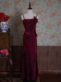 Vintage A Line Spaghetti Straps Burgundy Long Prom Dresses HZ1024