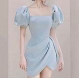 Elegant A Line Square Neckline Blue Satin Homecoming Dress Birthday Outfits HZ1024