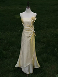 Vintage A Line Spaghetti Straps Gold Long Prom Dresses HZ1024