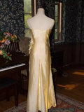 Vintage A Line Spaghetti Straps Gold Long Prom Dresses HZ1024