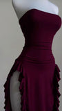 Sexy Sheath Strapless Burgundy Slit Prom Dresses Homecoming Dress HZ1024