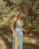 Vintage A Line Spaghetti Straps Silk Satin Slit Long Prom Dress HZ1024