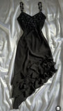 Vintage Black Spaghetti Straps Chiffon Appliques Flower Prom Dress HZ1024
