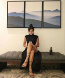 Vintage Sheath High Neckline Black Slit Long Prom Dress HZ1024