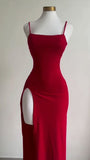 Sexy Sheath Spaghetti Straps Red Slit Backless Long Prom Dress HZ1024