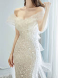 Fairytale Wedding Dress White Mermaid Off The Shoulder Short Sleeves Wedding Dresses HZ1024