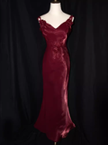 Vintage Mermaid Straps Organza Long Burgundy Prom Dresses HZ1024