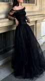 Vintage A Line Off The Shoulder Tulle Black Long Prom Dress HZ1024