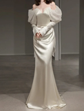 Vintage Mermaid Straps Long Sleeves Satin Wedding Dresses HZ1024