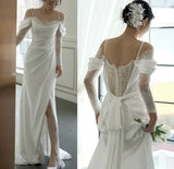 Vintage Mermaid Straps Long Sleeves Satin Lace Slit Wedding Dresses HZ1024