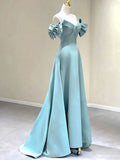 Blue A-Line Satin Long Prom DressesBlue Satin Long Formal Dresses HZ1024