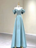 Vintage A line Straps Blue Satin Long Prom Dress HZ1024