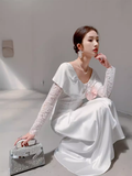 Vintage A Line Long Sleeves White Silk Satin Long Prom Dresses HZ1024