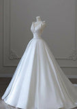 Chic Ball Gown V neckline White Long Satin Wedding Dresses HZ1024