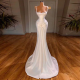 Chic Mermaid Straps White Long Satin Wedding Dresses HZ1024