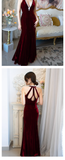 Vintage Mermaid Halter Sleeveless Velvet Burgundy Long Prom Dresses HZ1024