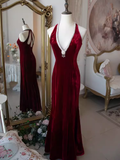 Vintage Mermaid Halter Sleeveless Velvet Burgundy Long Prom Dresses HZ1024