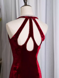 Vintage Mermaid Halter Sleeveless Velvet Burgundy Long Prom Dresses HZ1024
