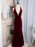 Vintage Mermaid Halter Sleeveless Velvet Burgundy Long Prom Dresses HZ1024
