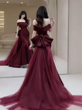 Sexy Mermaid Off The Shoulder Burgundy Satin Long Prom Dress HZ1024