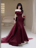 Sexy Mermaid Off The Shoulder Burgundy Satin Long Prom Dress HZ1024