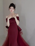 Sexy Mermaid Off The Shoulder Burgundy Satin Long Prom Dress HZ1024