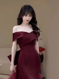 Sexy Mermaid Off The Shoulder Burgundy Satin Long Prom Dress HZ1024