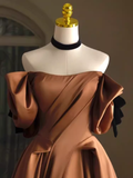 Sexy A line Off The Shoulder Brown Satin Long Prom Dress HZ1024