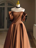 Sexy A line Off The Shoulder Brown Satin Long Prom Dress HZ1024