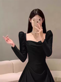 Sexy A line Long Sleeves Black Satin Long Prom Dress HZ1024