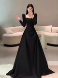 Sexy A line Long Sleeves Black Satin Long Prom Dress HZ1024