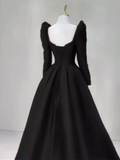 Sexy A line Long Sleeves Black Satin Long Prom Dress HZ1024