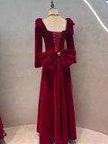 Sexy A line Long Sleeves Red Velvet Long Prom Dress HZ1024