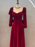 Sexy A line Long Sleeves Red Velvet Long Prom Dress HZ1024