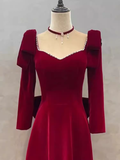 Sexy A line Long Sleeves Red Velvet Long Prom Dress HZ1024